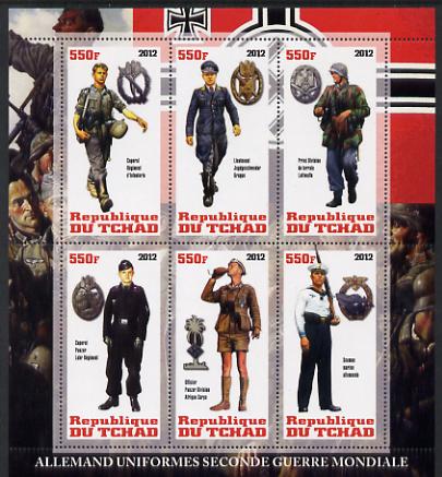 Chad 2012 Uniforms of the Second World War - Germany perf sheetlet containing 6 values unmounted mint, stamps on , stamps on  stamps on , stamps on  stamps on  ww2 , stamps on  stamps on militaria, stamps on  stamps on uniforms, stamps on  stamps on 
