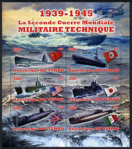 Chad 2012 Military Strength of the Second World War - Submarines perf sheetlet containing 6 values unmounted mint, stamps on , stamps on  ww2 , stamps on militaria, stamps on submarines, stamps on ships
