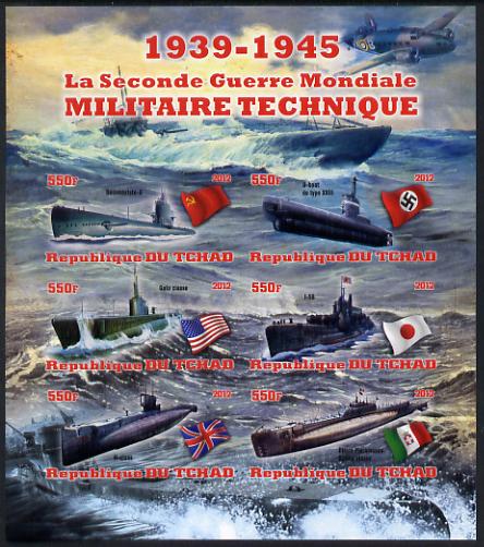 Chad 2012 Military Strength of the Second World War - Submarines imperf sheetlet containing 6 values unmounted mint, stamps on , stamps on  ww2 , stamps on militaria, stamps on submarines, stamps on ships