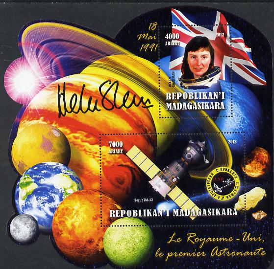 Madagascar 2012 First Astronauts in Space - Helen Sharman (UK) perf sheetlet containing 2 values unmounted mint, stamps on personalities, stamps on space, stamps on astronauts, stamps on flags, stamps on minerals, stamps on planets, stamps on satellites, stamps on women