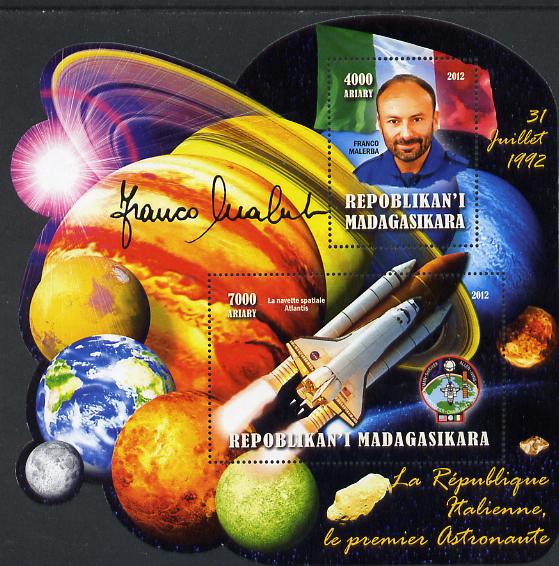 Madagascar 2012 First Astronauts in Space - Franco Malerba (Italy) perf sheetlet containing 2 values unmounted mint, stamps on personalities, stamps on space, stamps on astronauts, stamps on flags, stamps on minerals, stamps on planets, stamps on satellites, stamps on shuttle