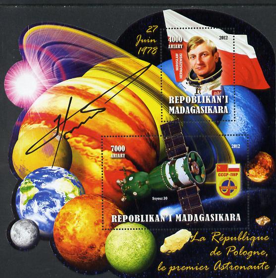 Madagascar 2012 First Astronauts in Space - Miroslaw Hermaszewski (Poland) perf sheetlet containing 2 values unmounted mint, stamps on personalities, stamps on space, stamps on astronauts, stamps on flags, stamps on minerals, stamps on planets, stamps on satellites, stamps on 