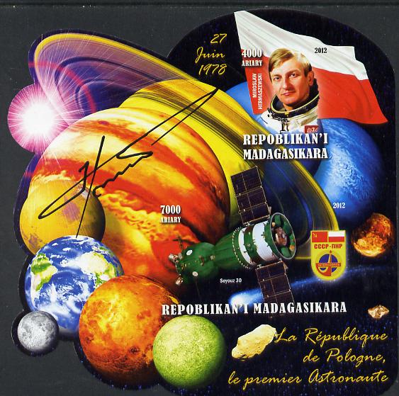 Madagascar 2012 First Astronauts in Space - Miroslaw Hermaszewski (Poland) imperf sheetlet containing 2 values unmounted mint, stamps on personalities, stamps on space, stamps on astronauts, stamps on flags, stamps on minerals, stamps on planets, stamps on satellites, stamps on 
