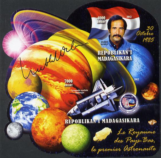 Madagascar 2012 First Astronauts in Space - Wubbo Ockels (Netherlands) imperf sheetlet containing 2 values unmounted mint, stamps on personalities, stamps on space, stamps on astronauts, stamps on flags, stamps on minerals, stamps on planets, stamps on satellites, stamps on shuttle