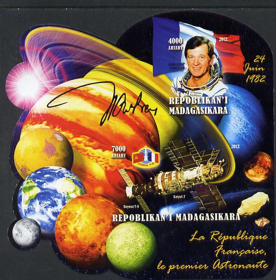 Madagascar 2012 First Astronauts in Space - Jean-Loup Chretien (France) imperf sheetlet containing 2 values unmounted mint, stamps on personalities, stamps on space, stamps on astronauts, stamps on flags, stamps on minerals, stamps on planets, stamps on satellites, stamps on shuttle