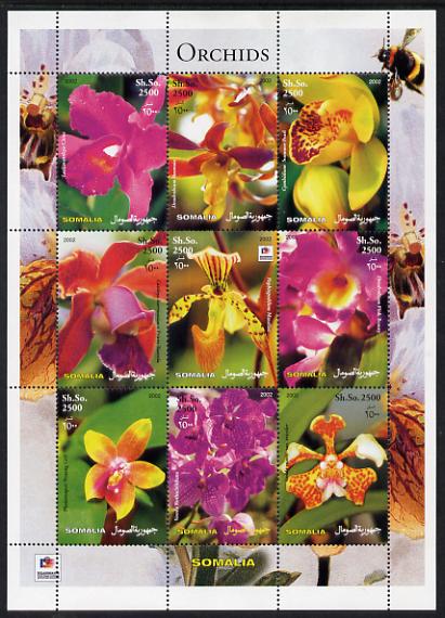 Somalia 2003 Orchids perf sheetlet containing 9 values (with Bee & Phila Korea imprint in border) unmounted mint. Note this item is privately produced and is offered purely on its thematic appeal , stamps on flowers, stamps on orchids, stamps on bees, stamps on insects, stamps on stamp exhibitions
