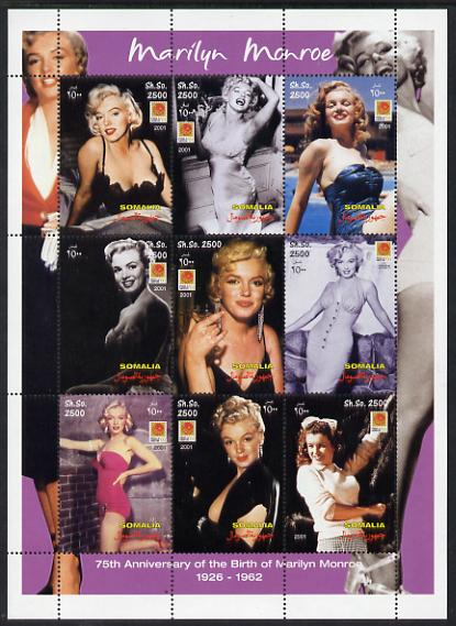 Somalia 2001 Marilyn Monroe perf sheetlet containing 9 values unmounted mint. Note this item is privately produced and is offered purely on its thematic appeal , stamps on , stamps on  stamps on personalities, stamps on  stamps on films, stamps on  stamps on cinema, stamps on  stamps on movies, stamps on  stamps on pin ups, stamps on  stamps on nudes, stamps on  stamps on women