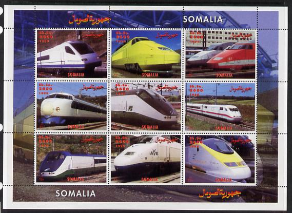 Somalia 1999 High Speed Trains perf sheetlet containing 9 values unmounted mint. Note this item is privately produced and is offered purely on its thematic appeal , stamps on railways