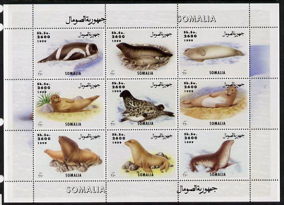 Somalia 1999 Seals perf sheetlet containing 9 values unmounted mint. Note this item is privately produced and is offered purely on its thematic appeal , stamps on animals, stamps on seals, stamps on marine life