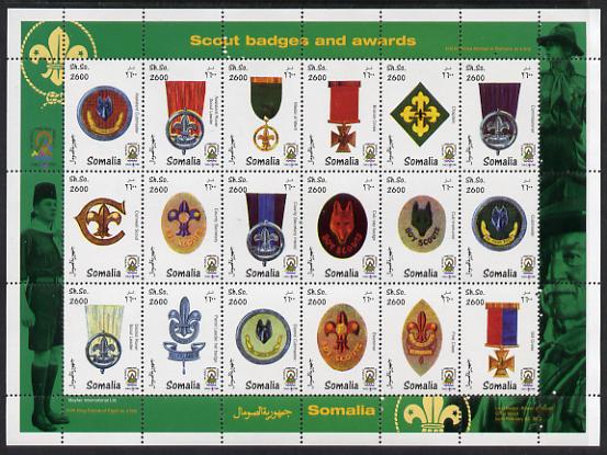 Somalia 1999 Scout Badges & Awards perf sheetlet containing 18 values unmounted mint. Note this item is privately produced and is offered purely on its thematic appeal, it has no postal validity, stamps on , stamps on  stamps on scouts, stamps on  stamps on medals, stamps on  stamps on badges