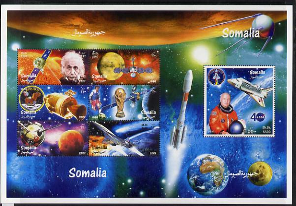Somalia 1999 Personalities & Events perf sheetlet containing 7 values unmounted mint. Note this item is privately produced and is offered purely on its thematic appeal , stamps on millennium, stamps on einstein, stamps on physics, stamps on science, stamps on space, stamps on judaism, stamps on judaica, stamps on satellites, stamps on football, stamps on apollo, stamps on shuttle, stamps on concorde, stamps on aviation, stamps on 