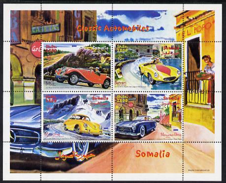 Somalia 2000 Classic Automobiles perf sheetlet containing 4 values unmounted mint. Note this item is privately produced and is offered purely on its thematic appeal , stamps on cars, stamps on porsche, stamps on  mg , stamps on mercedes, stamps on ferrari