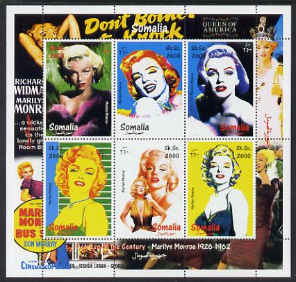 Somalia 2000 Actress of the Century - Marilyn Monroe perf sheetlet containing 6 values unmounted mint. Note this item is privately produced and is offered purely on its thematic appeal , stamps on personalities, stamps on films, stamps on cinema, stamps on movies, stamps on marilyn, stamps on 