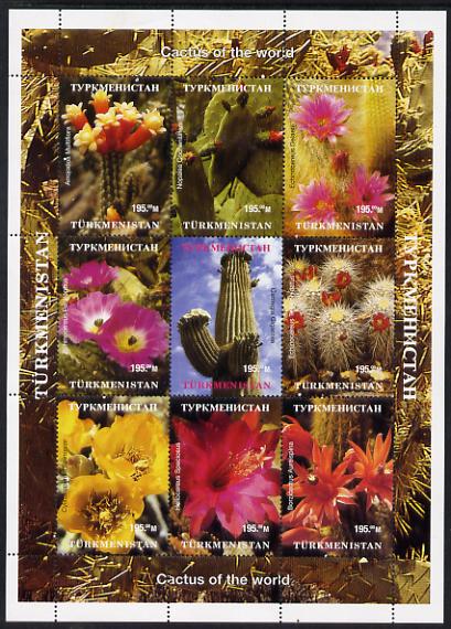 Turkmenistan 1999 Cacti perf sheetlet containing 9 values unmounted mint. Note this item is privately produced and is offered purely on its thematic appeal , stamps on , stamps on  stamps on cacti, stamps on  stamps on cactus, stamps on  stamps on flowers
