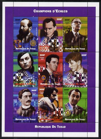 Chad 2002 Champions of Chess perf sheetlet containing 9 values unmounted mint. Note this item is privately produced and is offered purely on its thematic appeal. , stamps on chess