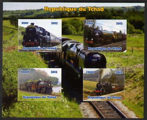 Chad 2012 Steam Locomotives imperf sheetlet containing 4 values unmounted mint. Note this item is privately produced and is offered purely on its thematic appeal. , stamps on railways