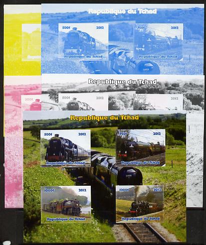 Chad 2012 Steam Locomotives sheetlet containing 4 values - the set of 5 imperf progressive proofs comprising the 4 individual colours plus all 4-colour composite, unmounted mint , stamps on railways