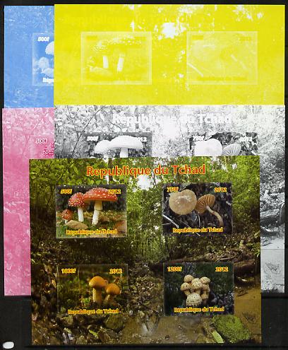 Chad 2012 Fungi sheetlet containing 4 values - the set of 5 imperf progressive proofs comprising the 4 individual colours plus all 4-colour composite, unmounted mint , stamps on fungi
