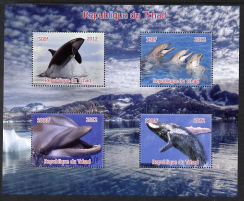 Chad 2012 Whales & Dolphins perf sheetlet containing 4 values unmounted mint. Note this item is privately produced and is offered purely on its thematic appeal. , stamps on whales, stamps on dolphins, stamps on marine life
