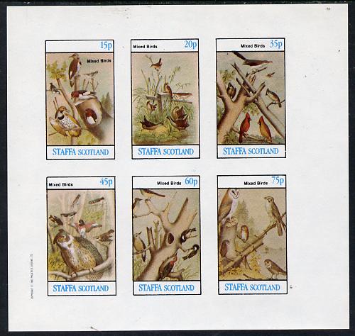 Staffa 1982 Birds #10 (Mixed incl Owls) imperf set of 6 values (15p to 75p) unmounted mint, stamps on , stamps on  stamps on birds, stamps on  stamps on birds of prey, stamps on  stamps on owls