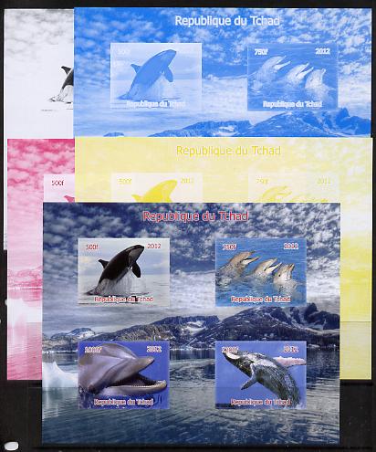 Chad 2012 Whales & Dolphins sheetlet containing 4 values - the set of 5 imperf progressive proofs comprising the 4 individual colours plus all 4-colour composite, unmounted mint , stamps on whales, stamps on dolphins, stamps on marine life