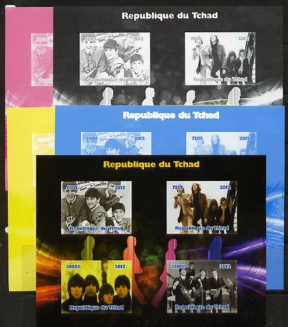Chad 2012 The Beatles #1 sheetlet containing 4 values - the set of 5 imperf progressive proofs comprising the 4 individual colours plus all 4-colour composite, unmounted ..., stamps on personalities, stamps on beatles, stamps on pops, stamps on rock, stamps on music