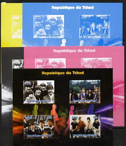 Chad 2012 The Beatles #2 sheetlet containing 4 values - the set of 5 imperf progressive proofs comprising the 4 individual colours plus all 4-colour composite, unmounted ..., stamps on personalities, stamps on beatles, stamps on pops, stamps on rock, stamps on music