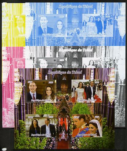 Chad 2012 Royal Wedding - William & Kate #1 sheetlet containing 4 values - the set of 5 imperf progressive proofs comprising the 4 individual colours plus all 4-colour co..., stamps on royal wedding, stamps on royalty, stamps on william, stamps on kate