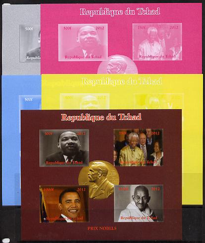 Chad 2012 Nobel Peace Prize Winners/Nominees sheetlet containing 4 values - the set of 5 imperf progressive proofs comprising the 4 individual colours plus all 4-colour c..., stamps on personalities, stamps on nobel, stamps on peace, stamps on mandela, stamps on obama, stamps on usa president, stamps on gandhi, stamps on constitutions, stamps on americana, stamps on masonics, stamps on masonry, stamps on scouts