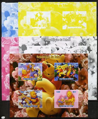 Chad 2012 Disneys Winnie the Pooh sheetlet containing 4 values - the set of 5 imperf progressive proofs comprising the 4 individual colours plus all 4-colour composite, u..., stamps on disney, stamps on films, stamps on movies, stamps on cinema, stamps on cartoons, stamps on fairy tales, stamps on bears