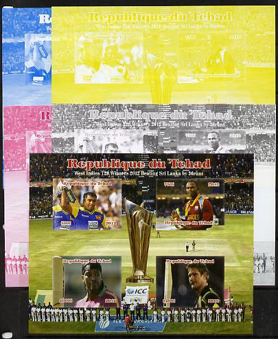 Chad 2012 Cricket T20 - West Indies v Sri Lanka sheetlet containing 4 values - the set of 5 imperf progressive proofs comprising the 4 individual colours plus all 4-colour composite, unmounted mint , stamps on cricket