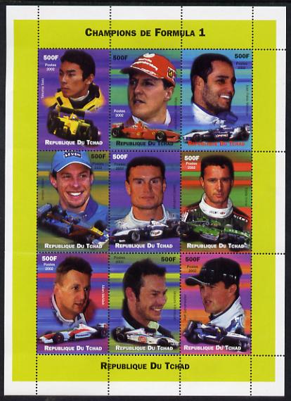 Chad 2002 Champions of Formula 1 perf sheetlet containing 9 values unmounted mint. Note this item is privately produced and is offered purely on its thematic appeal. , stamps on sport, stamps on  f1 , stamps on formula 1, stamps on cars