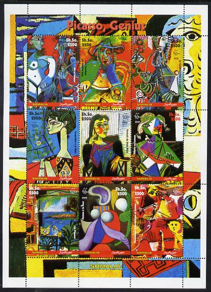 Somalia 2002 Pablo Picasso perf sheetlet containing 9 values unmounted mint. Note this item is privately produced and is offered purely on its thematic appeal , stamps on arts, stamps on picasso