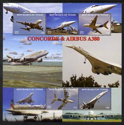 Chad 2012 Concorde & Airbus perf sheetlet containing 6 values unmounted mint. Note this item is privately produced and is offered purely on its thematic appeal. , stamps on aviation, stamps on concorde, stamps on airbus
