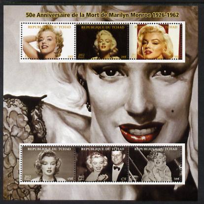Chad 2012 50th Death Anniversary of Marilyn Monroe perf sheetlet containing 6 values unmounted mint. Note this item is privately produced and is offered purely on its thematic appeal. , stamps on personalities, stamps on films, stamps on cinema, stamps on movies, stamps on music, stamps on marilyn, stamps on monroe, stamps on kennedy, stamps on usa presidents