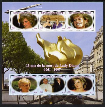 Chad 2012 15th Death Anniversary of Princess Diana perf sheetlet containing 6 values unmounted mint. Note this item is privately produced and is offered purely on its the..., stamps on personalities, stamps on women, stamps on diana, stamps on royalty, stamps on pope, stamps on aviation, stamps on concorde