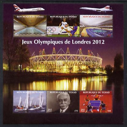 Chad 2012 London Olympic Games perf sheetlet containing 6 values unmounted mint. Note this item is privately produced and is offered purely on its thematic appeal. , stamps on olympics, stamps on london, stamps on sailing, stamps on table tennis, stamps on stadia, stamps on football, stamps on london, stamps on aviation, stamps on concorde