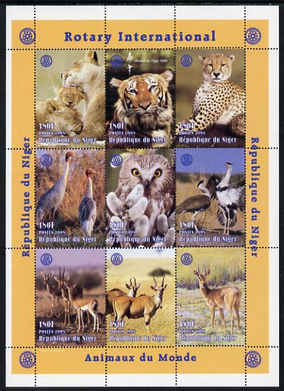 Niger Republic 1998 Animals of the World #1 perf sheetlet containing 9 x 180f values each with Rotary logo unmounted mint. Note this item is privately produced and is offered purely on its thematic appeal Scott #1003, stamps on animals, stamps on lions, stamps on cats, stamps on rotary, stamps on birds, stamps on owls