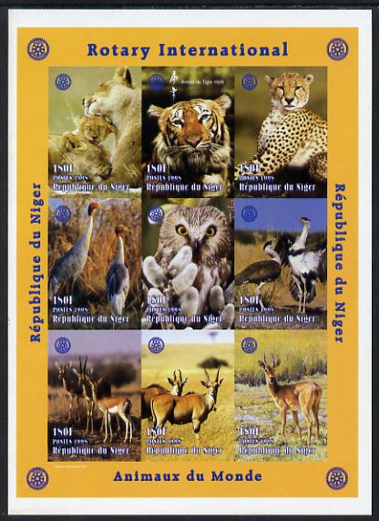 Niger Republic 1998 Animals of the World #1 imperf sheetlet containing 9 x 180f values each with Rotary logo unmounted mint. Note this item is privately produced and is o..., stamps on animals, stamps on lions, stamps on cats, stamps on rotary, stamps on birds, stamps on owls