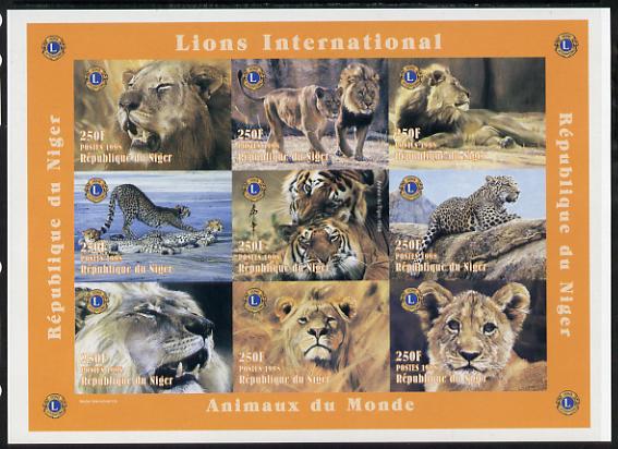 Niger Republic 1998 Animals of the World #2 (Big Cats) imperf sheetlet containing 9 x 250f values each with Lions International logo unmounted mint. Note this item is privately produced and is offered purely on its thematic appeal as Scott #1004, stamps on animals, stamps on lions, stamps on cats, stamps on lions int, stamps on 