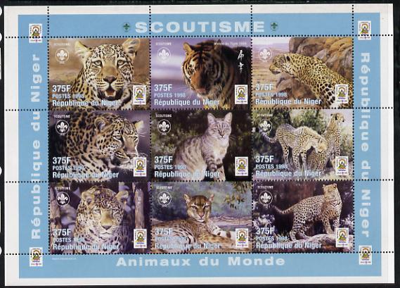 Niger Republic 1998 Animals of the World #3 (Big Cats) perf sheetlet containing 9 x 375f values each with Scouts logo unmounted mint. Note this item is privately produced and is offered purely on its thematic appeal Scott #1005, stamps on animals, stamps on lions, stamps on cats, stamps on scouts