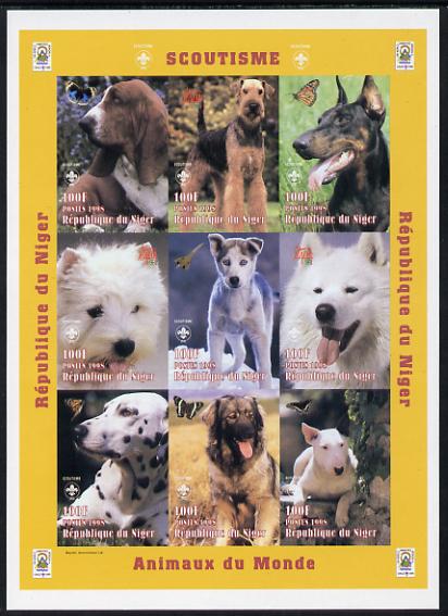 Niger Republic 1998 Animals of the World #4 (Dogs) imperf sheetlet containing 9 x 100f values each with Scouts logo unmounted mint. Note this item is privately produced and is offered purely on its thematic appeal as Scott #1009, stamps on animals, stamps on dogs, stamps on scouts