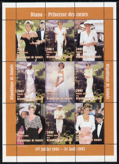 Guinea - Conakry 1998 Princess Diana #1 perf sheetlet containing 9 values (various portraits) unmounted mint. Note this item is privately produced and is offered purely on its thematic appeal, stamps on diana, stamps on royalty