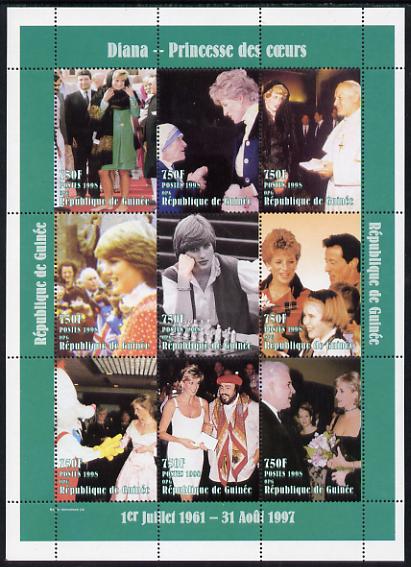 Guinea - Conakry 1998 Princess Diana #2 perf sheetlet containing 9 values (incl with Pope, Pavarotti, Stallone, Mother Teresa) unmounted mint. Note this item is privately..., stamps on royalty, stamps on diana, stamps on chess, stamps on pope, stamps on cinema, stamps on nobel, stamps on opera