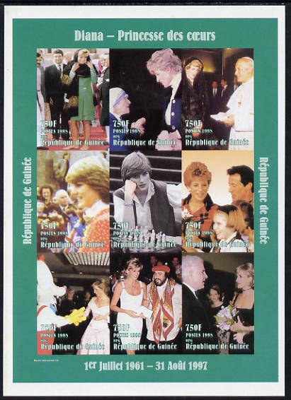 Guinea - Conakry 1998 Princess Diana #2 imperf sheetlet containing 9 values (incl with Pope, Pavarotti, Stallone, Mother Teresa) unmounted mint. Note this item is private..., stamps on royalty, stamps on diana, stamps on chess, stamps on pope, stamps on cinema, stamps on nobel, stamps on opera