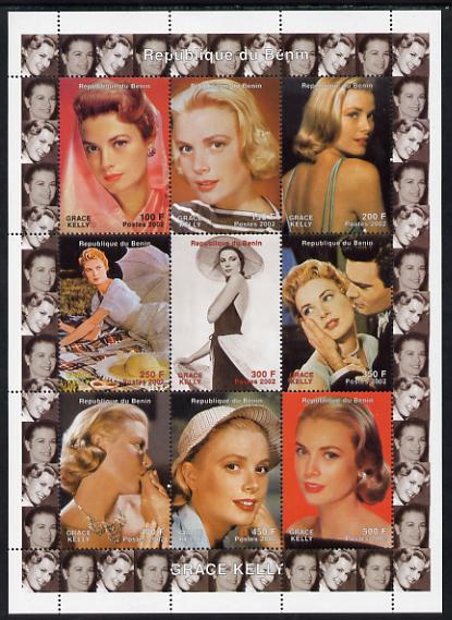 Benin 2002 Grace Kelly #1 perf sheetlet containing 9 values unmounted mint. Note this item is privately produced and is offered purely on its thematic appeal, stamps on personalities, stamps on music, stamps on entertainments, stamps on women, stamps on films, stamps on cinema, stamps on umbrellas