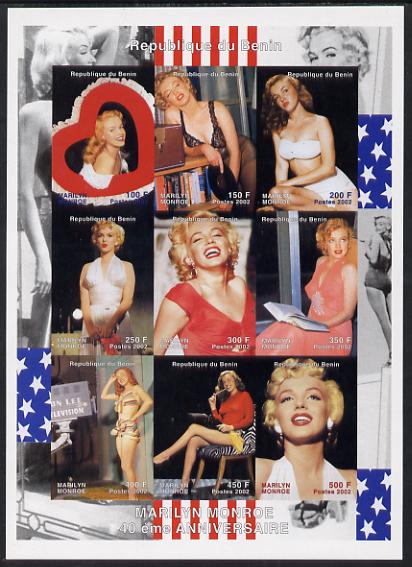 Benin 2002 Marilyn Monroe #3 imperf sheetlet containing set of 9 values unmounted mint. Note this item is privately produced and is offered purely on its thematic appeal, stamps on personalities, stamps on music, stamps on entertainments, stamps on women, stamps on films, stamps on cinema, stamps on marilyn monroe, stamps on 