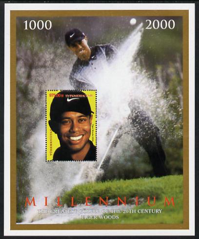 Turkmenistan 2000 Millenium - Tiger Woods, the Greatest Golfer in the 20th Century perf deluxe souvenir sheet unmounted mint. Note this item is privately produced and is ..., stamps on personalities, stamps on millennium, stamps on golf, stamps on sport