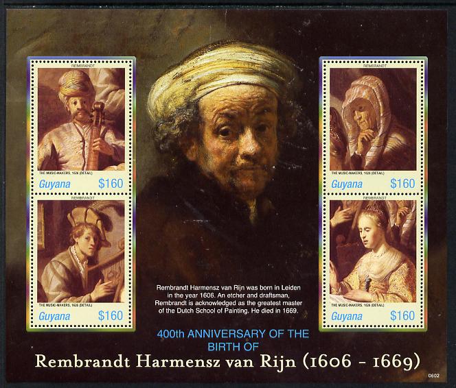 Guyana 2006 Rembrandt 400th Birth Anniversary perf sheetlet containing set of 4 values unmounted mint SG 6571-74, stamps on arts, stamps on music, stamps on rembrandt