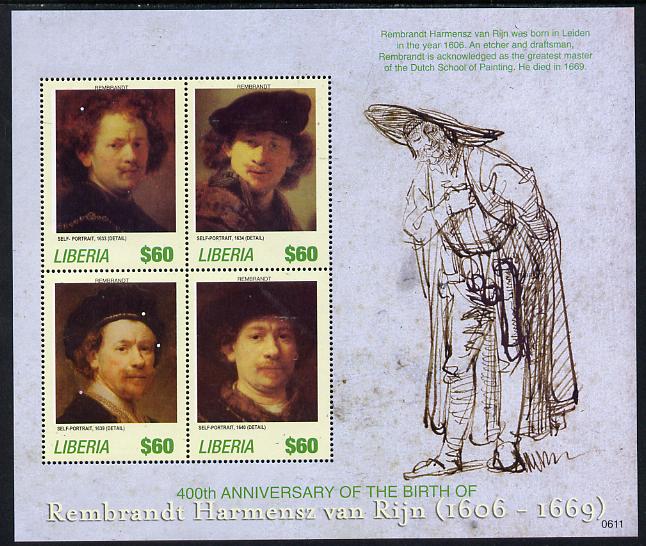 Liberia 2006 Rembrandt 400th Birth Anniversary #1 perf sheetlet containing 4 values unmounted mint, stamps on arts, stamps on rembrandt
